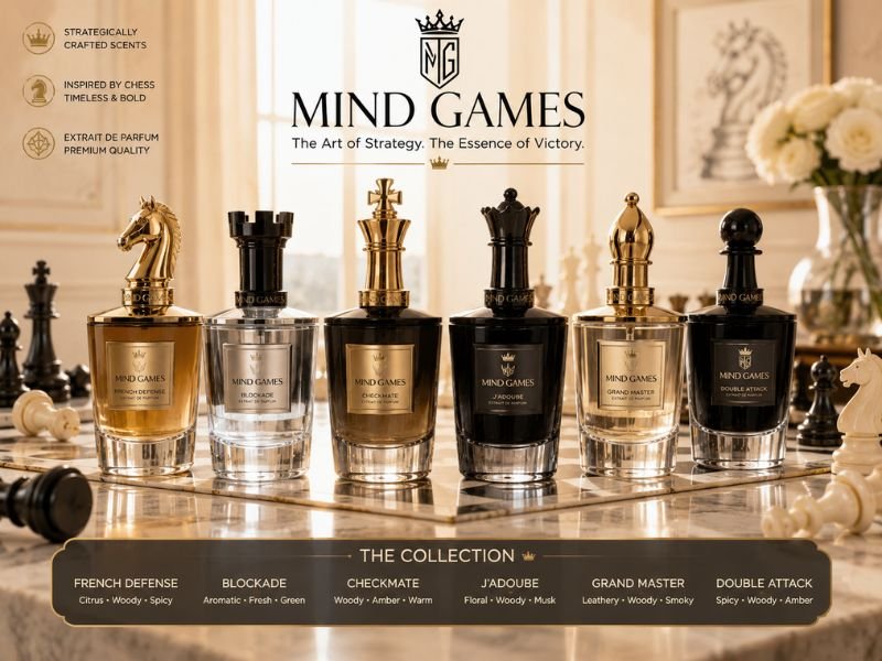 Mind Games Perfume collection displayed with a luxury chessboard