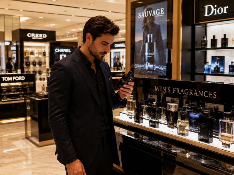 Man shopping for Cologne Men Macy's designer fragrances