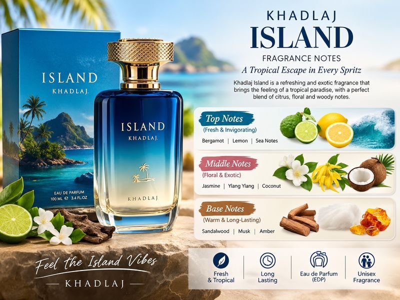 Khadlaj Island fragrance notes with pineapple coconut ginger and woody ingredients