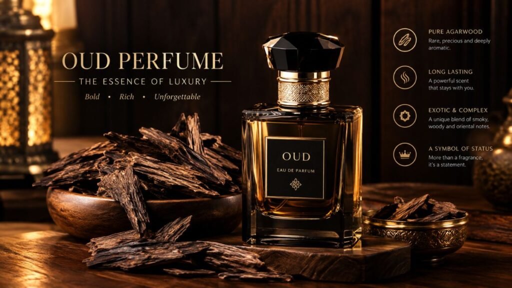 Luxury oud perfume bottle with agarwood and woody fragrance notes