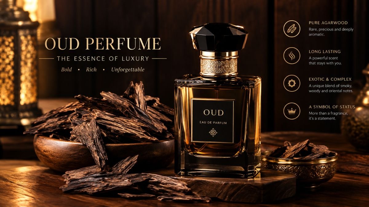 Luxury oud perfume bottle with agarwood and woody fragrance notes