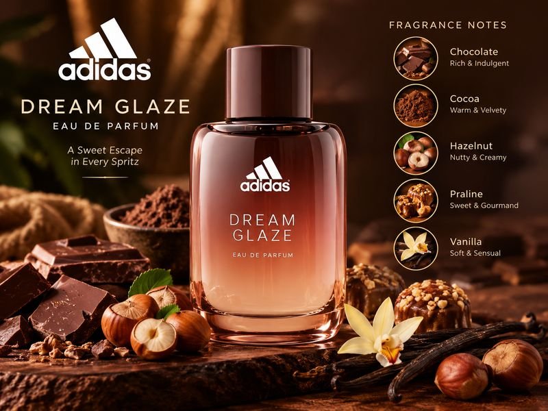 Adidas Dream Glaze Eau de Parfum scent profile with chocolate and hazelnut