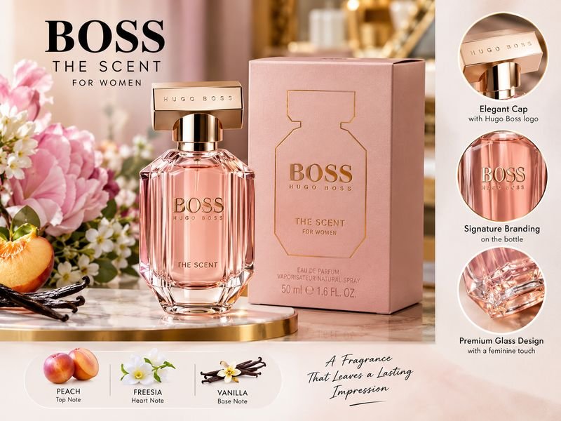 Boss The Scent for Women perfume bottle design and packaging by Hugo Boss, featuring an elegant fragrance bottle and luxury presentation.