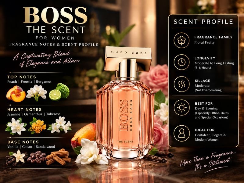 Boss The Scent fragrance notes with peach and floral ingredients