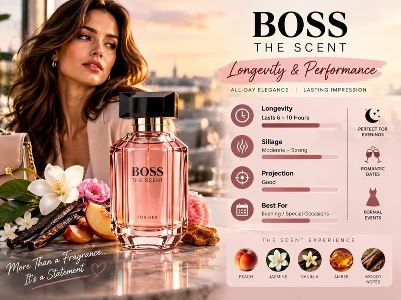 Boss The Scent by Hugo Boss for Women longevity and performance, showing its fragrance bottle.