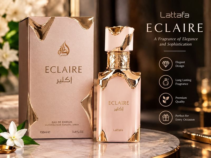 Lattafa Eclaire perfume bottle design and original packaging