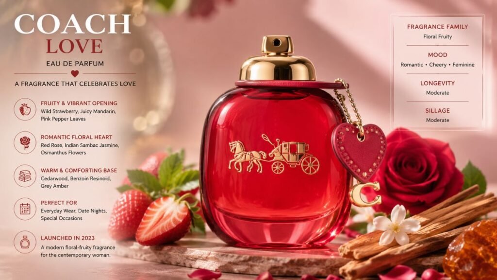 Coach Love Perfume red bottle featured in a luxury fragrance setting