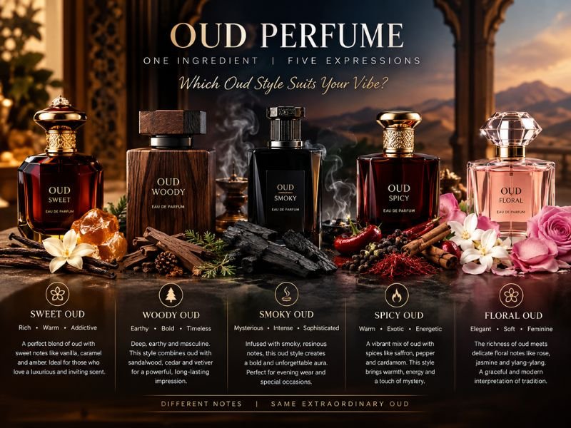Different types of oud perfume including woody sweet smoky and floral oud