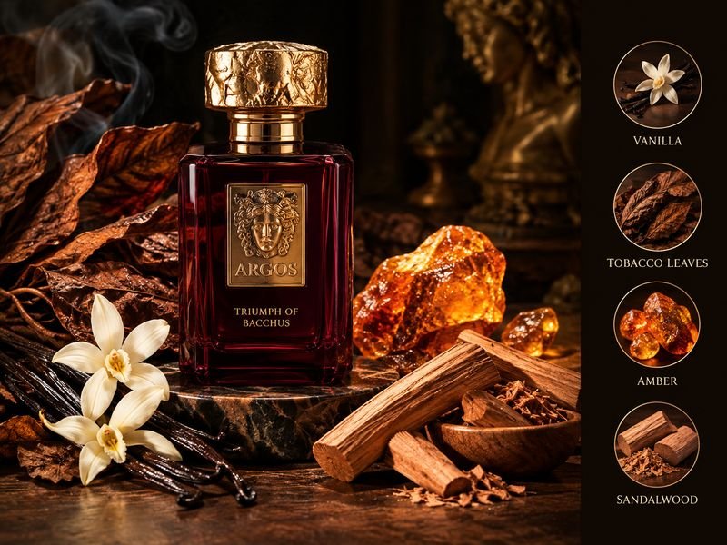 Tobacco vanilla amber and sandalwood representing the warm scent profile of Argos Triumph of Bacchus