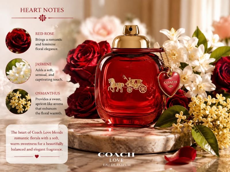 Coach Love Perfume heart notes with red rose jasmine and osmanthus