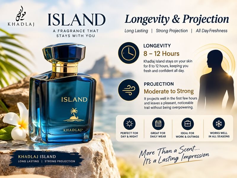 Khadlaj Island perfume bottle for fragrance longevity and projection review