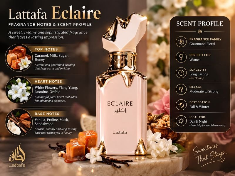 Lattafa Eclaire fragrance notes with caramel milk vanilla and sugar