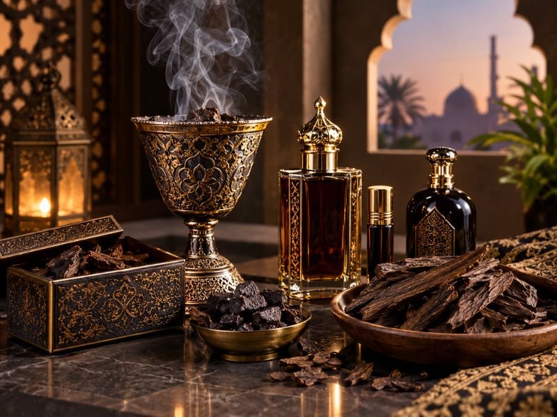 Traditional Arabic oud perfume and incense in Middle Eastern fragrance culture