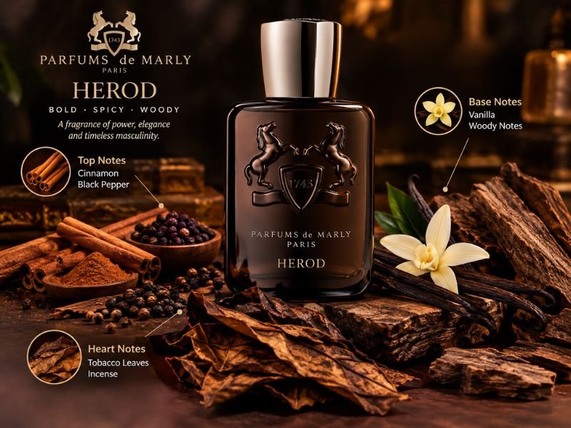 PDM Herod fragrance notes with tobacco vanilla cinnamon and spices