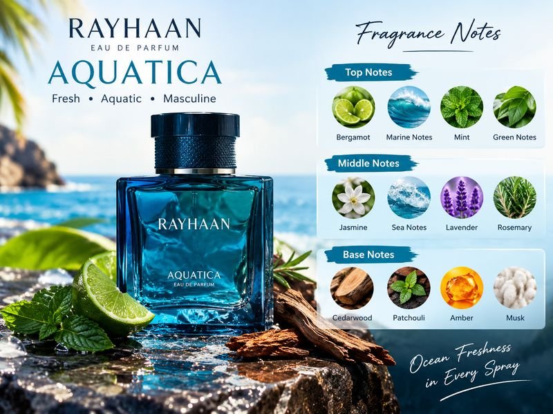 Rayhaan Aquatica fragrance notes including coconut lime bergamot and mandarin