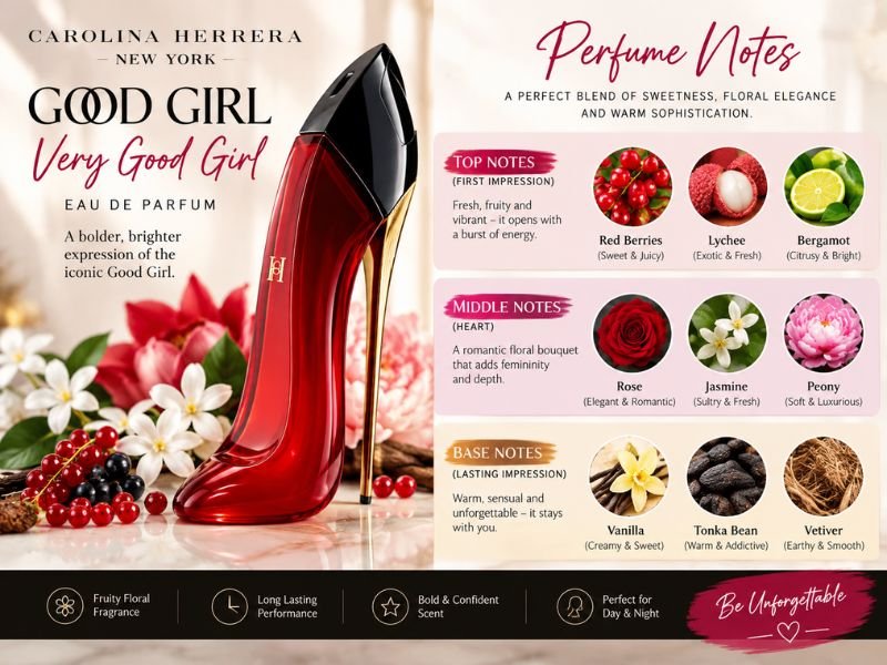Very Good Girl Perfume notes with lychee rose vanilla and vetiver