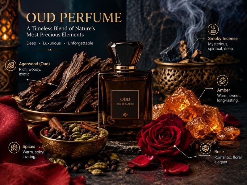 Oud perfume scent profile with woody smoky spicy and sweet notes
