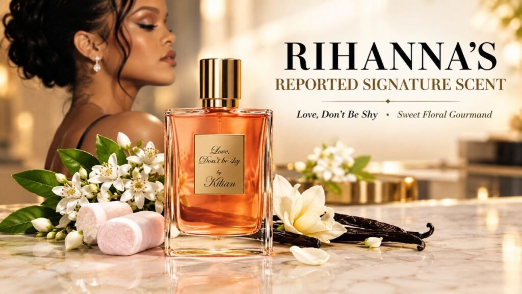 Rihanna wearing perfume and showcasing her signature fragrance style