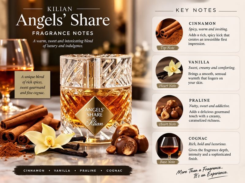 Angels’ Share fragrance notes including cinnamon vanilla praline and cognac