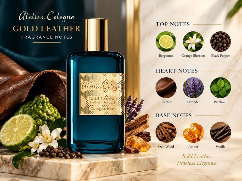Atelier Gold Leather fragrance notes featuring leather cedar wood and eucalyptus