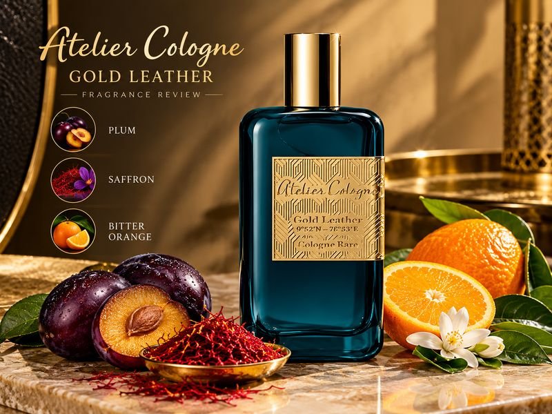 Atelier Gold Leather scent profile with plum saffron and bitter orange