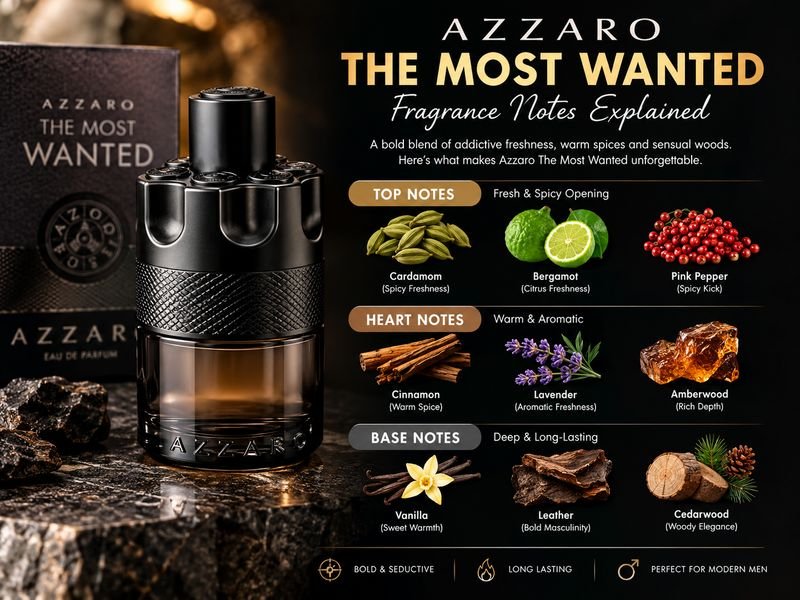 Azzaro The Most Wanted fragrance with cardamom caramel accord and woody amber theme