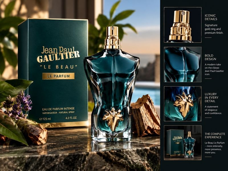 Close-up of the Le Beau Le Parfum blue torso-shaped bottle