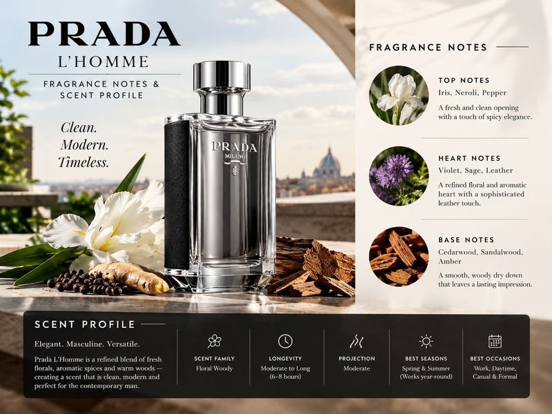 Prada L’Homme fragrance notes featuring iris neroli violet and woody