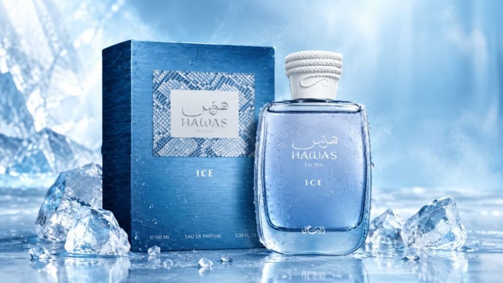 Rasasi Hawas Ice perfume bottle on an icy blue background