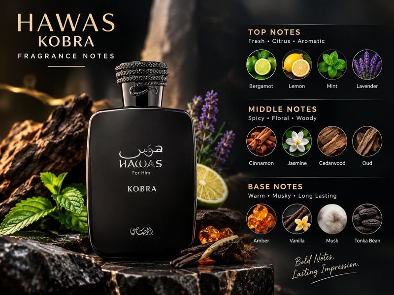 Green tea neroli and cinnamon notes in the Hawas Kobra fragrance profile