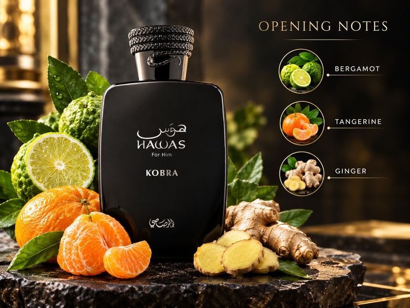 Bergamot tangerine and ginger notes associated with Hawas Kobra