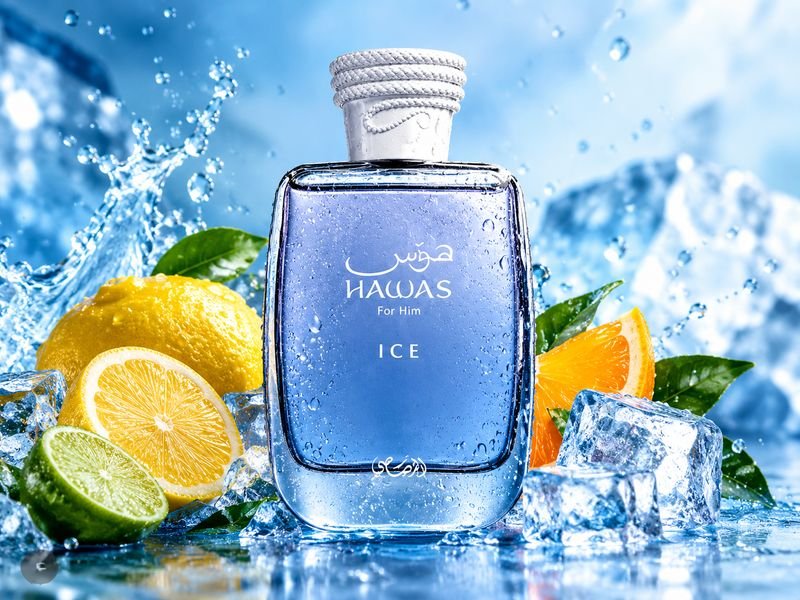 Rasasi Hawas Ice perfume with citrus fruits representing its fresh fruity scent