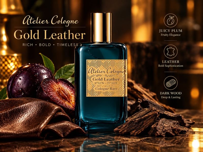 Atelier Gold Leather perfume with plum and warm woody fragrance character