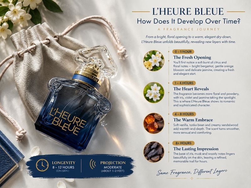 How L'Heure Bleue by Guerlain develops from its floral opening to a warm powdery dry-down