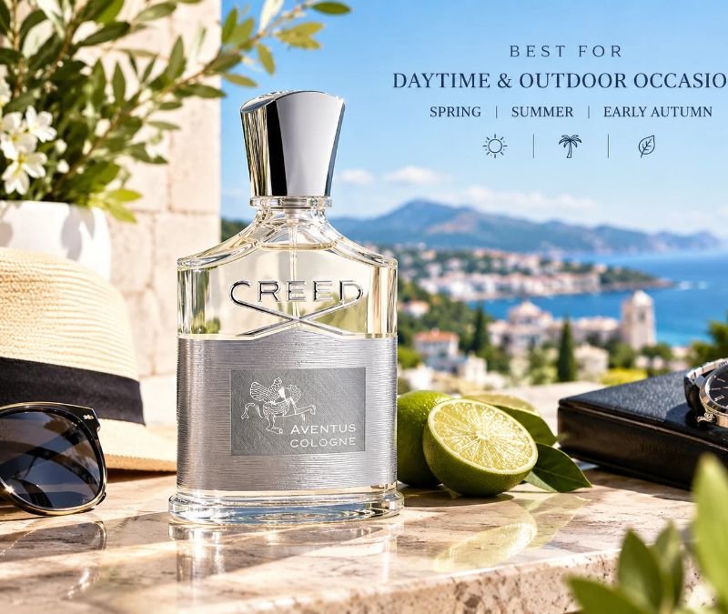 Creed Aventus Cologne styled for daytime and warm weather wear