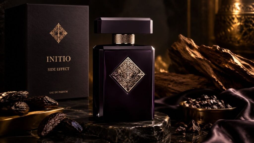 Initio Side Effect perfume bottle on a dark luxury background