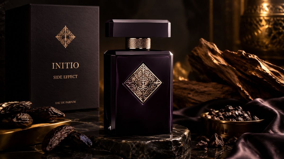 Initio Side Effect perfume bottle on a dark luxury background