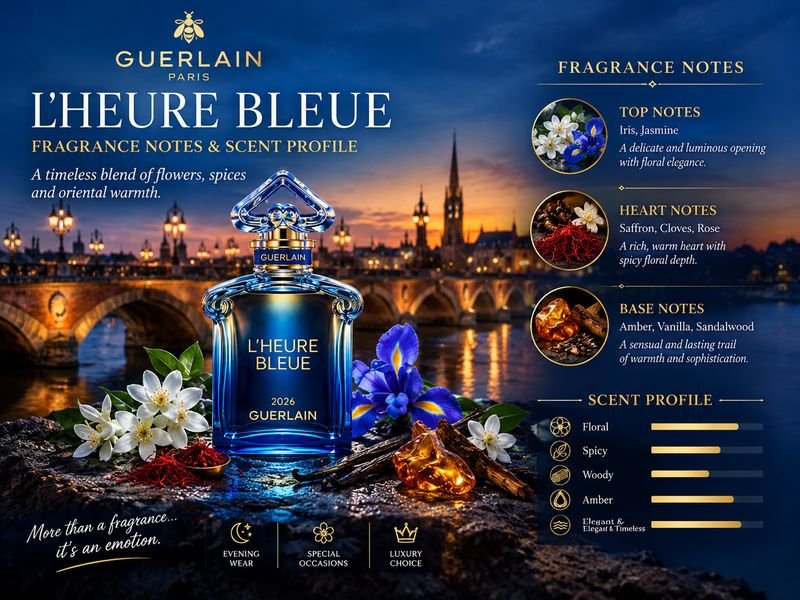 Iris rose heliotrope and vanilla fragrance notes associated with classic L'Heure Bleue