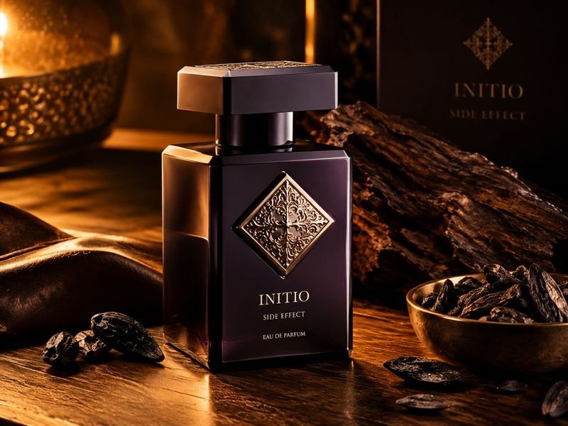 Initio Side Effect perfume bottle in warm atmospheric lighting