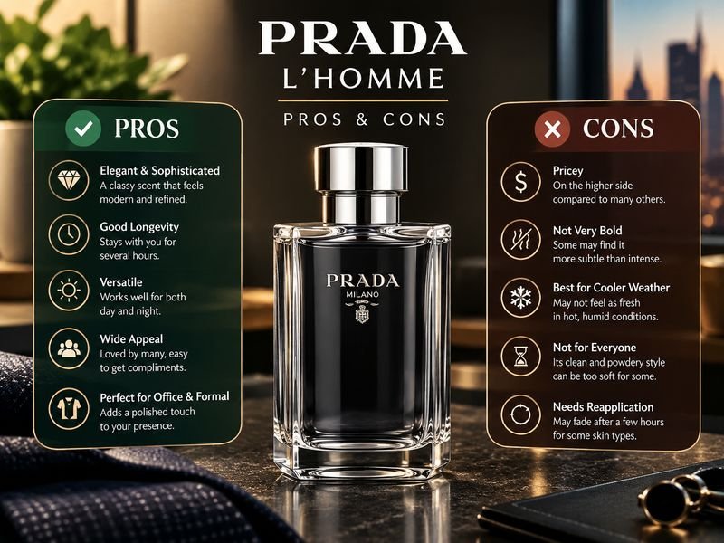 Prada L’Homme perfume review highlighting the fragrance's pros and cons