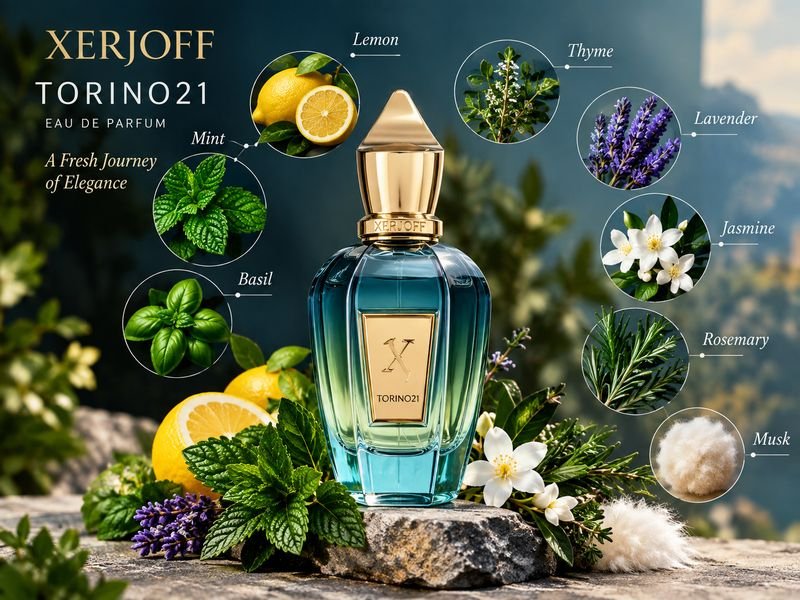 Torino21 fragrance notes including mint lemon basil lavender and musk