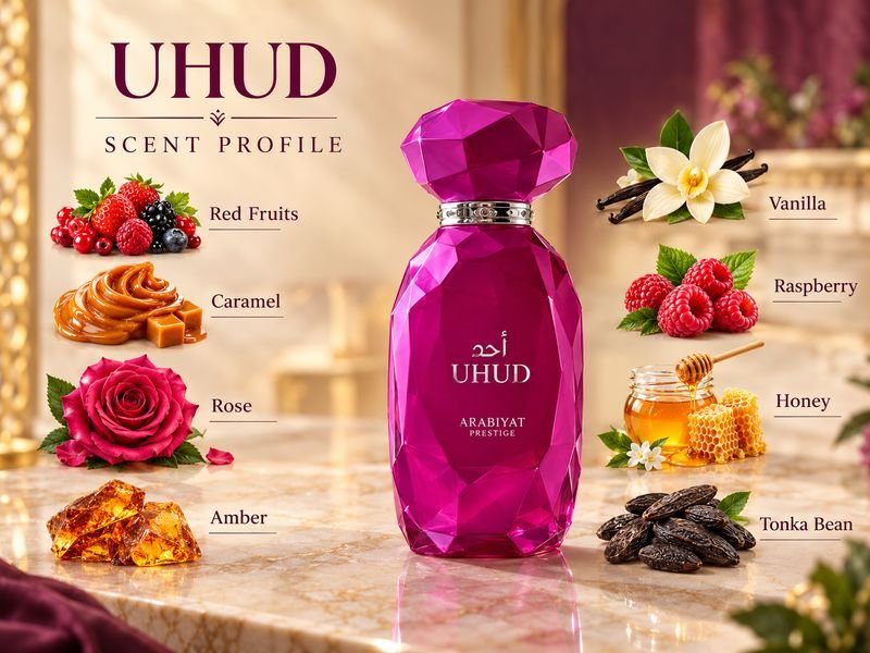 Caramel red fruits rose and honey inspired Uhud Arabiyat Prestige scent profile