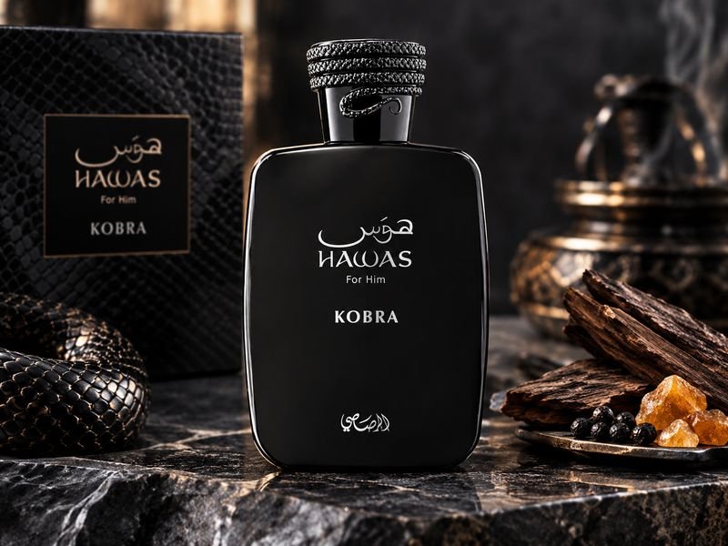 Rasasi Hawas Kobra men's Eau de Parfum bottle close up